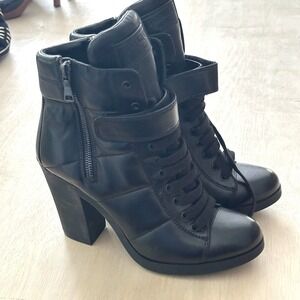 Prada Ankle Boot Womens 40 Black Leather Lace Up Side Zip 3TP019 Block Heel Goth